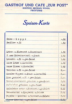 Eine Speisenkarte aus den 1950er Jahren.